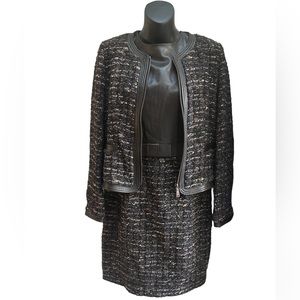 Vintage Georges Rech Wool Blend Tweed, Leather Trim 2 Pieces Dress+Blazer 42/L